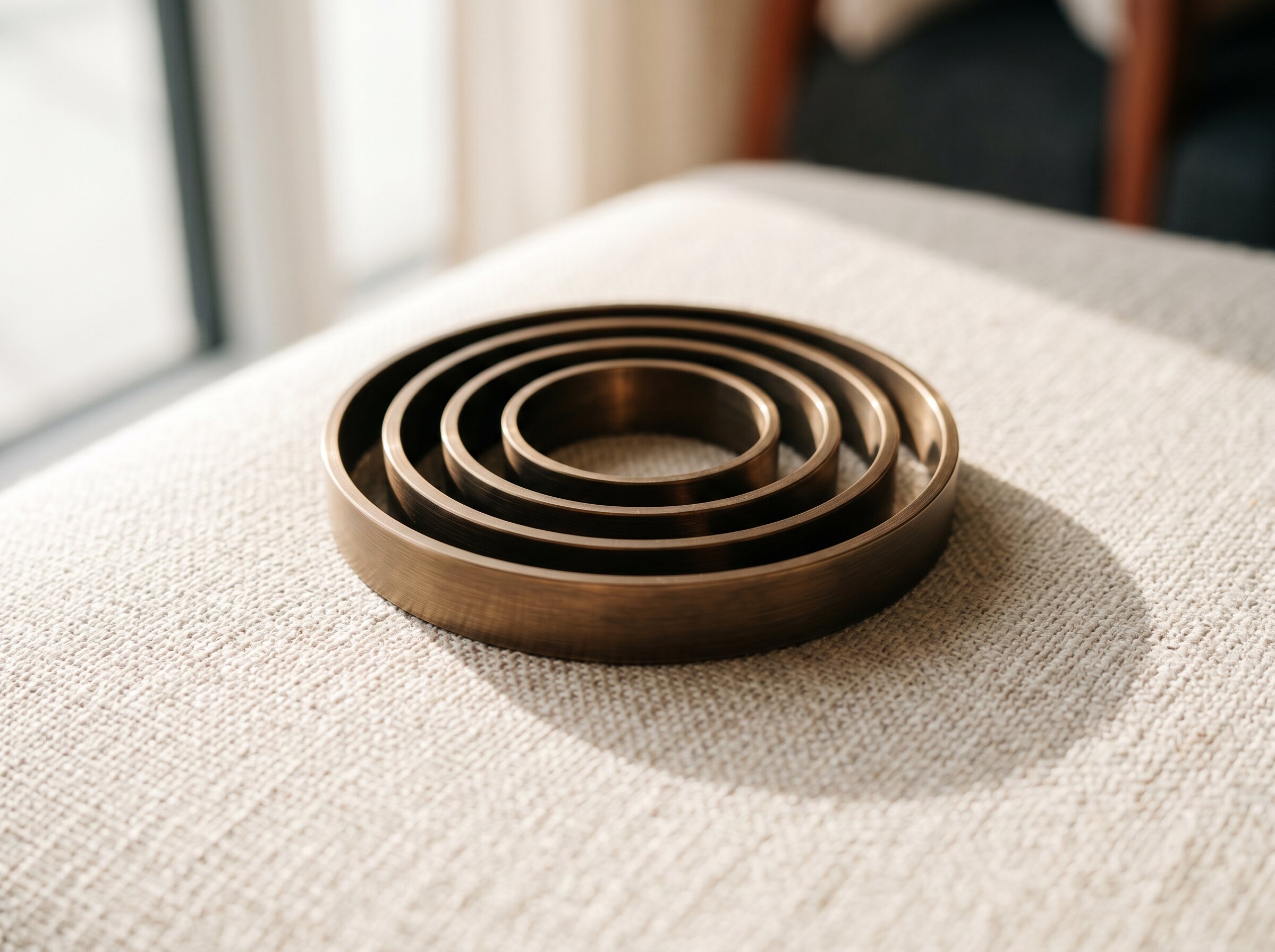 Concentric brushed bronze rings resting on warm linen textured surface.